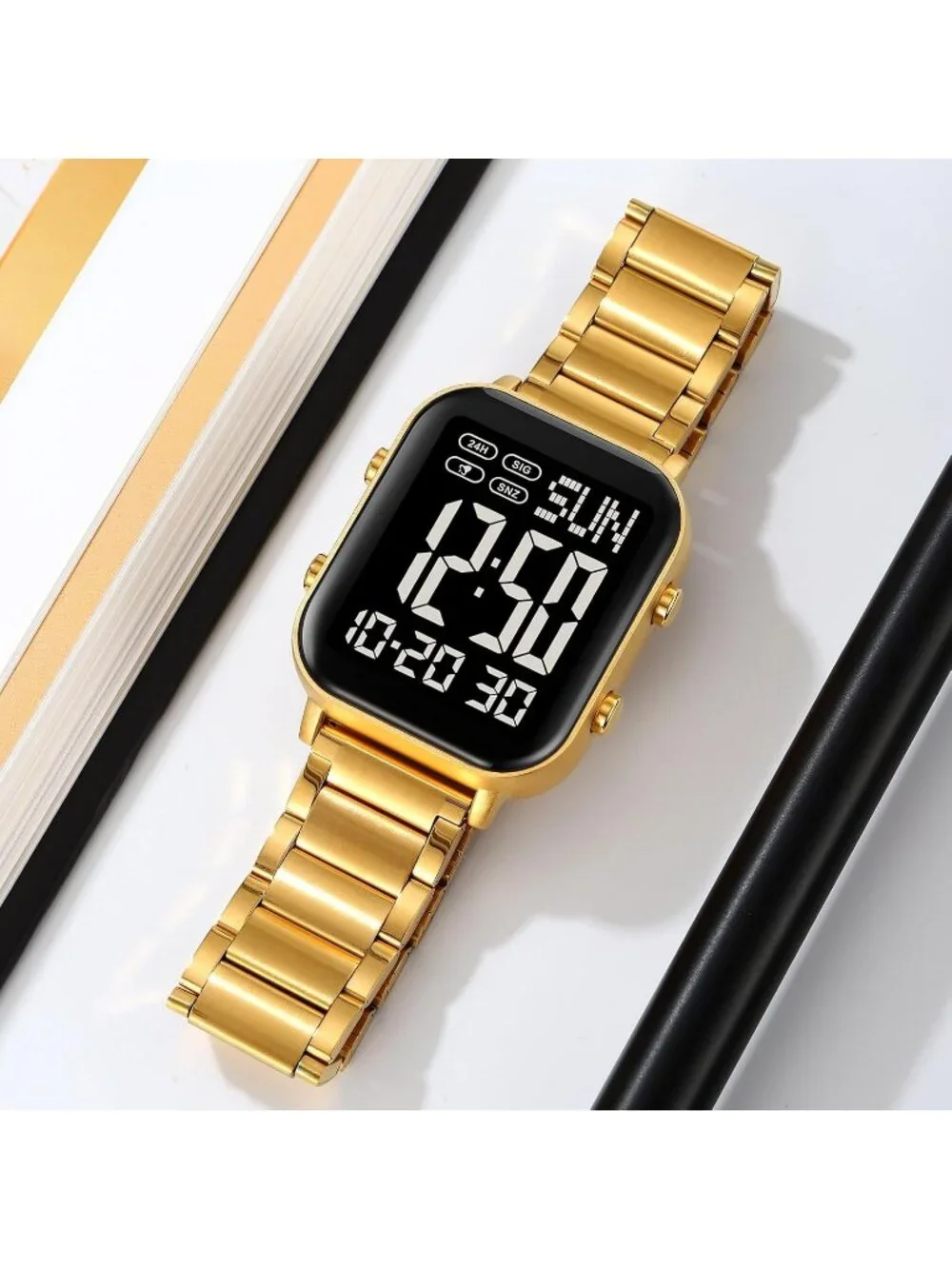 Unisex Gold And Black Analog Stainless Steel Waterproof Electronic Digital Watch